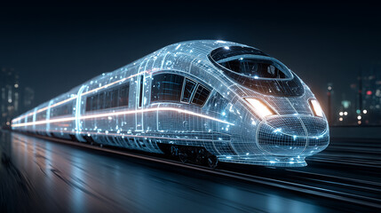 Futuristic high speed train concept with glowing digital wireframe design for modern transportation innovation and smart mobility future