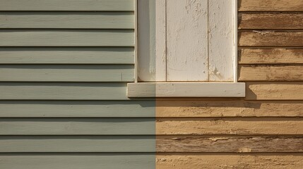 Half of exterior wall shows new painted vinyl siding and half shows old weathered wooden siding around a window sill, illustrating house lining repair before after.