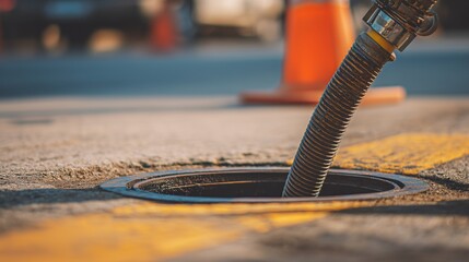 Flexible inspection camera hose feeding into street sewer manhole for drain cleaning and pipeline inspection.