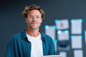 Young man entrepreneur wearing glasses smiling in office