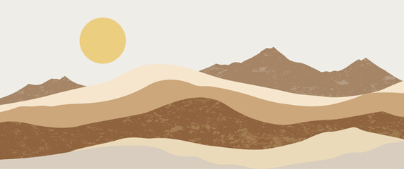 Minimalist sand dune mountain landscape hand drawn vector with pale sun and beige hills for valentine card background nature aesthetic wall art illustration