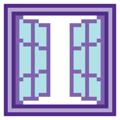 Two glass windows open on the sides with pixel art.