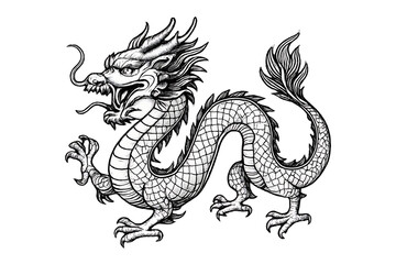 Obraz premium Black and White Chinese Dragon Drawing Isolated on Transparent Background