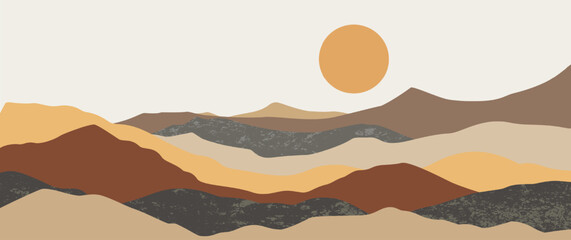 Boho minimalist mountain landscape hand drawn vector with orange sun and brown hills for valentine wedding invitation nature aesthetic wall art illustration