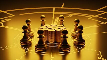 Golden chess pawns strategically surround stacks of shining coins representing financial investment competition and digital strategy.