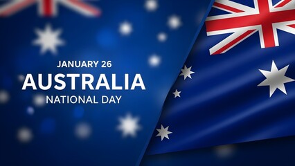 January 26 Australia National Day celebration graphic featuring the waving flag against a sparkling blue background design