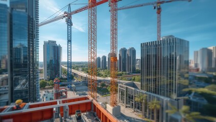 Lofty cranes loom above a construction site as development advances in the city