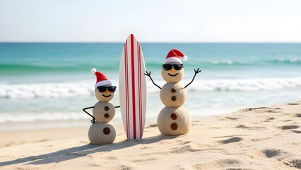 Two whimsical sandmen wearing Santa hats and sunglasses stand ready to surf on a sunny tropical beach vacation