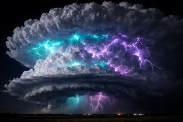 A dramatic night thunderstorm with colossal cumulonimbus clouds illuminated by electric teal and purple lightning bolts over a dark landscape.