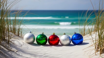 Five colorful Christmas ornaments resting on sunny white sand dunes near a vibrant turquoise ocean shore