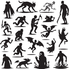 Obraz premium collection of various monsters and creatures in black silhouette on white background