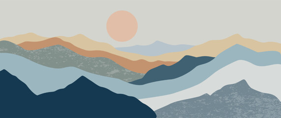 Abstract blue mountain landscape hand drawn vector with pale sun and muted hills for valentine seasonal decor nature poster design aesthetic wall art print