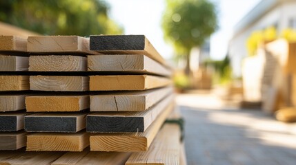 Stack of wood siding plank for siding installation home improvement wood, outdoor construction scene emphasizing material and preparation.