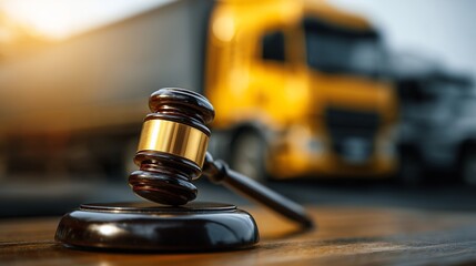 Gavel and semi truck representing truck accident lawsuit and legal claim for injury and liability.