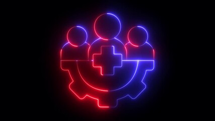 glowing neon Healthcare management team collaboration icon animation on black background. Teamwork healthcare icon with plus sign on gear. Ideal for medical collaboration and growth materials.