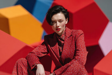 Fashion model posing in red suit against geometric background