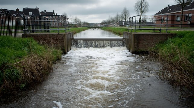 Spillway in a dutch town with controlled overflow, concrete channel, adjacent canal, floodgate and riverbank vegetation symbolizing flood control infrastructure.