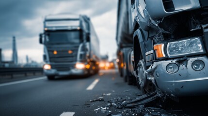 Damaged semi truck and crushed front bumper on highway after collision, representing truck collision attorney service and legal help for commercial vehicle crash.