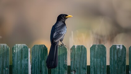 Long-tailed black drongo sitting on a green fence