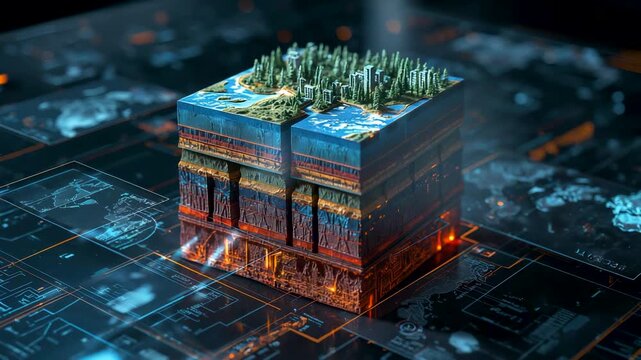 Glowing Layered Earth Cube Forest Terrain Lava Core Digital Model Display