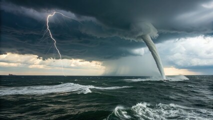 Powerful Waterspout Forms Amidst Stormy Ocean and Lightning