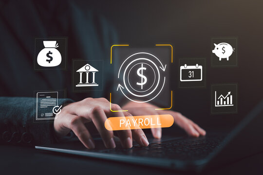 Businesswoman working on laptop with payroll management system icons. Concept of financial technology, employee salary automation, online payroll software, and digital HR solutions.