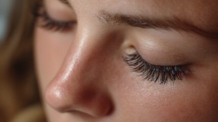 Close-up of closed eye with full lash cluster eyelash extension highlighting length, curl, and salon application technique.