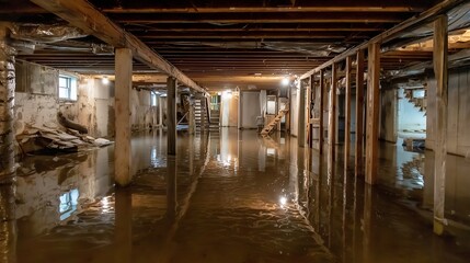 Fototapeta premium Basement with standing water reflecting joist and support post, illustrating water damage and need for sump pump installation service.