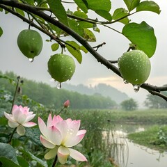 Lotus flowers and green apples after rain, peaceful scene, beautiful background