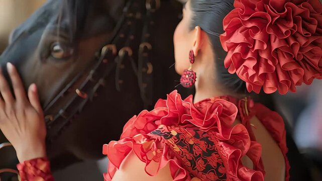 Woman posing next to a horse dressed in flamenco attire