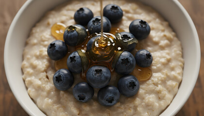 Creamy Oatmeal with Fresh Blueberries and Honey Drizzle