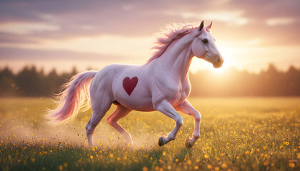 Majestic Pink Horse with Heart Marking Galloping Through a Sunlit Meadow
