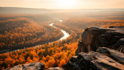 Winding River Through Autumn Forest at Sunset