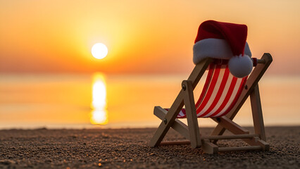 Miniature beach chair adorned with a festive Santa hat sits alone on the sand during a bright tropical holiday sunset