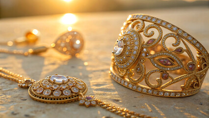 Ornate gold gemstone jewelry glowing bright in warm sunlight