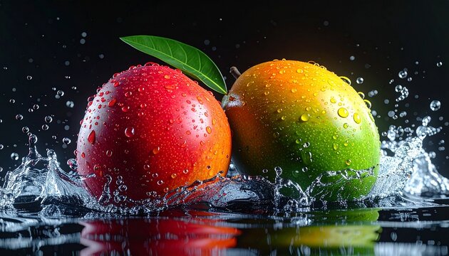 Hyper-realistic 3D render of fruit splashing. Green and red mango hitting water, creating a chaotic trail of air bubbles. Glossy reflections, pitch black void, ray-traced lighting.