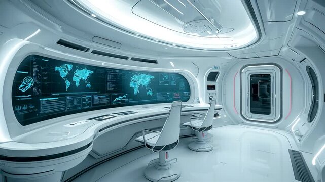 Futuristic Command Center White Interior Curved Screens Global Maps Glow
