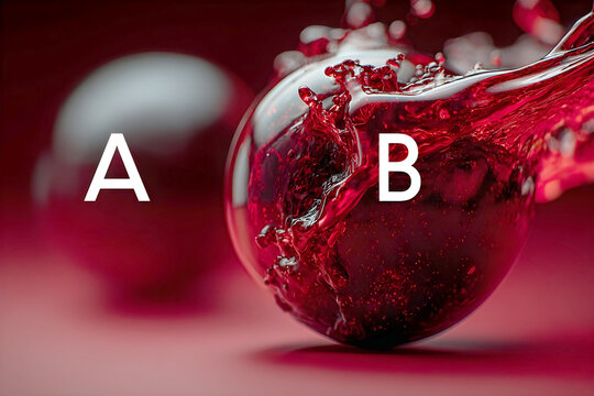 A high-dynamic-range 3D visualization featuring a glossy, transparent glass sphere filled with splashing crimson fluid, set against a deep red background with minimalist white "A" and "B" lettering