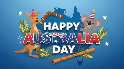 Adorable cartoon kangaroo and koala celebrate happy Australia Day with iconic national symbols