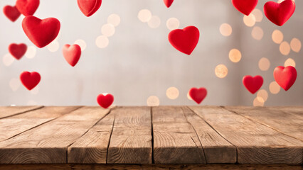 red hearts on wooden table