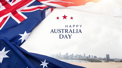 Vibrant Australian national flag draped elegantly beside the cityscape marking a joyful celebration of Australia Day