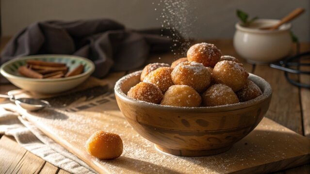Rustic Bowl of Golden Fried Lokma Doughnuts Dusted with Sugar