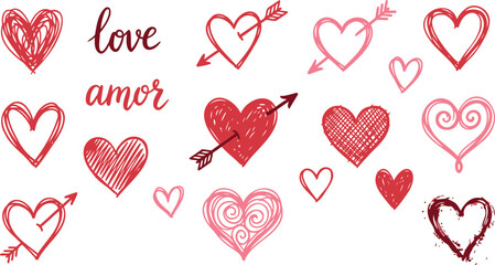 Set of Hand-Drawn Red and Pink Hearts with Cupid Arrows and Romantic Text Love and Amor