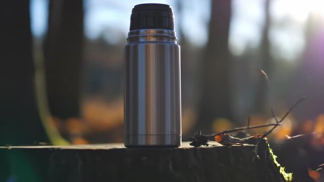 Stainless steel thermos flask standing on a wooden surface in a forest.