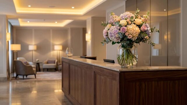 Floral arrangement on a reception desk in a luxury hotel lobby. Bouquet of hydrangeas and roses on a counter with a blurred lounge background. Hospitality and interior design concept