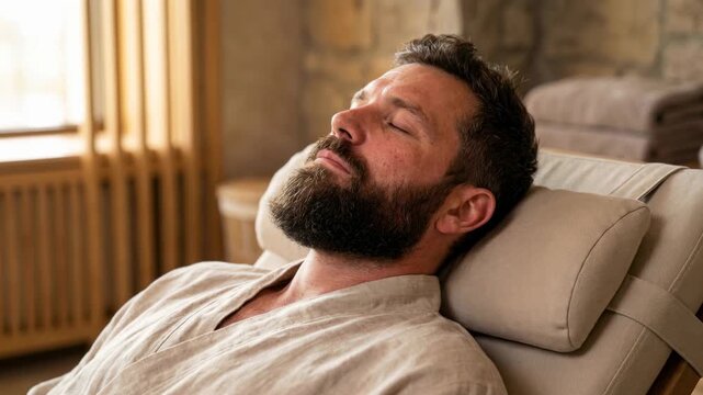 Bearded man relaxing in a comfortable spa chair with eyes closed. Male sleeping or meditating in a wellness center. Rest and recovery concept