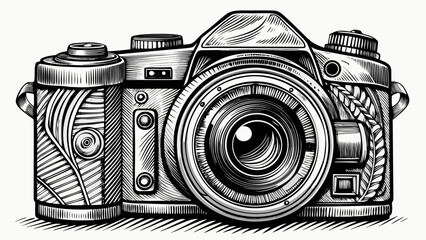 Very beautiful black and white hand drawn DSLR camera illustration, featuring detailed sketch lines and artistic texture, ideal for photography concepts, editorial design, and creative visual storytel