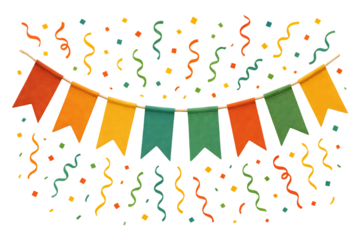 Colorful Party Bunting and Confetti Decoration Isolated on Transparent Background