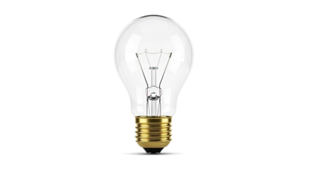 A single clear light bulb with a gold base on a white background.