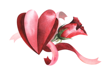 Red watercolor heart with roses and ribbon. Hand drawn watercolor illustration. For Valentine's day card, wedding invitation. For packaging and labels, posters and leaflets, prints.